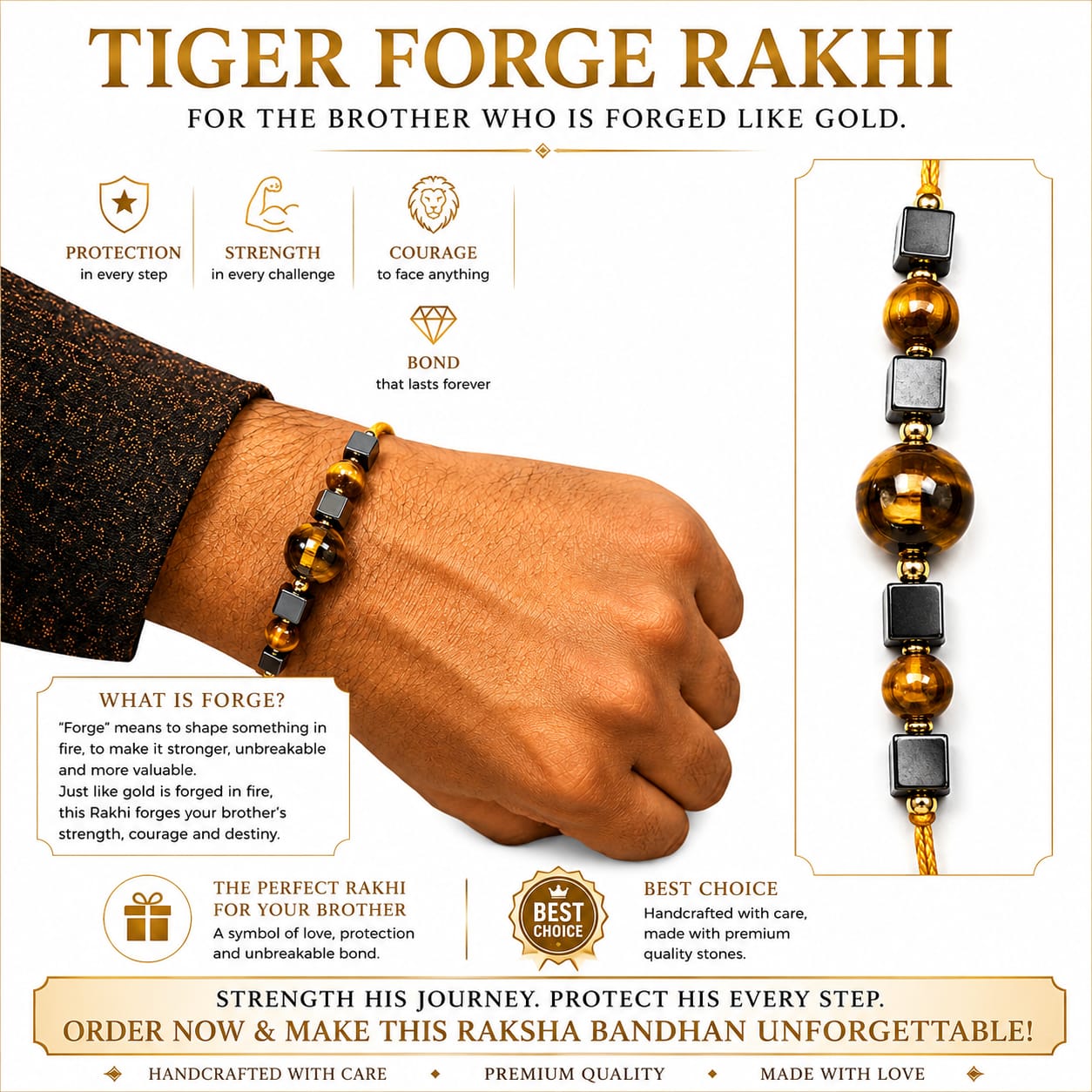 Tiger Forge Rakhi – Tiger Eye 8mm & 10mm Beads with Cube Hematite | Pack of 3